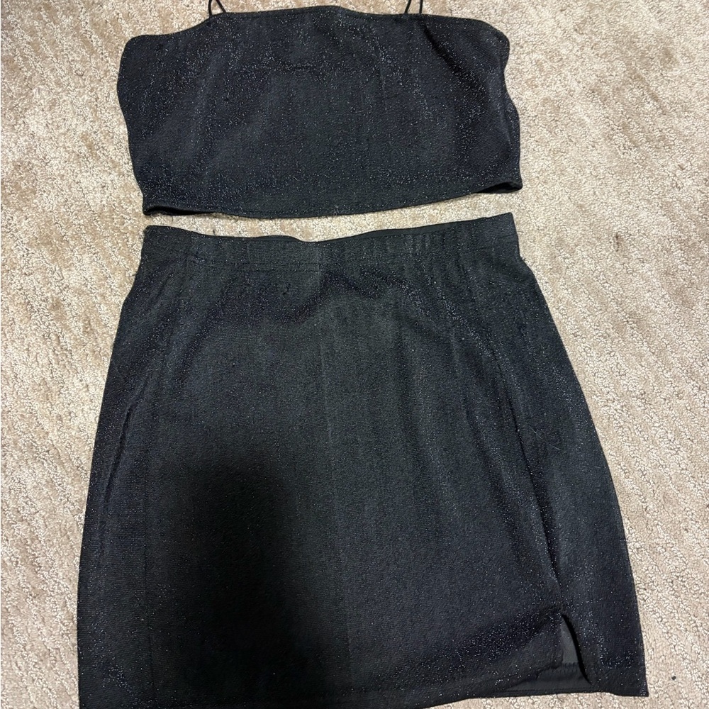 SHEIN Black Sparkle Crop Top & Mini Skirt Set